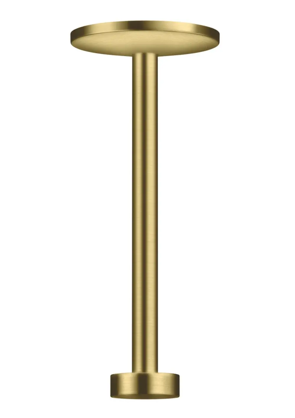 Deckenanschluss von AXOR mit einem niedrigen, zylindrischen Stützpfeiler und runder Platte in gebürstetem Messing. Ideal für die Installation von Brausen.